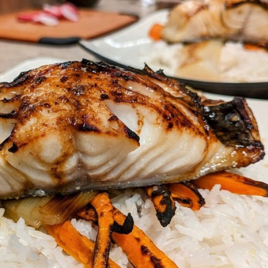 Broiled Black Cod dish on a bed of rice.